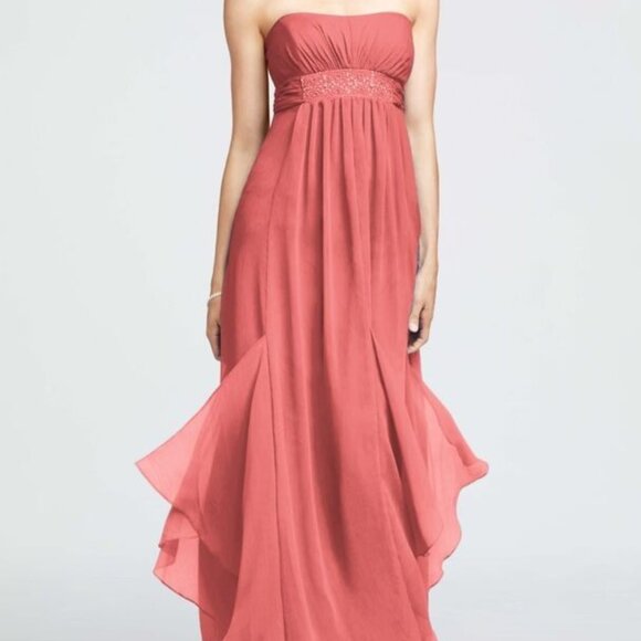 David's Bridal F14865 Strapless Crinkle Chiffon Beaded Bridesmaid Dress Coral 4 - Picture 1 of 7